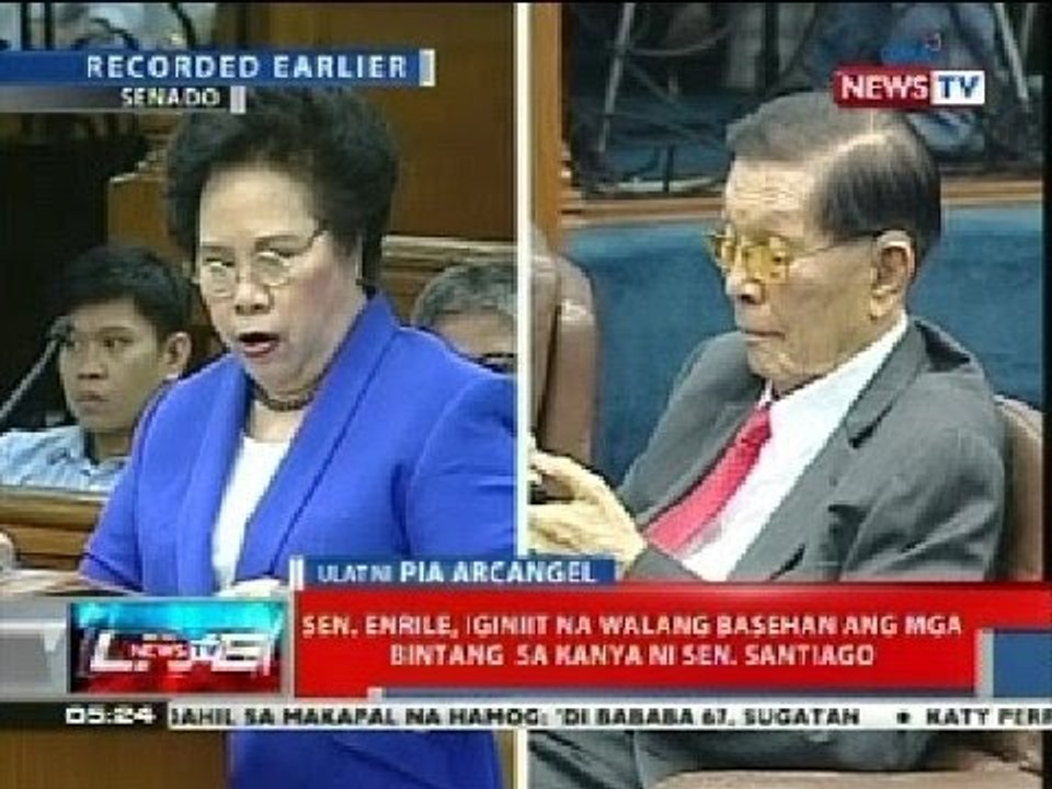 NTL: Sen. Enrile, iginiit na walang basehan ang mga bintang sa kanya ni Sen. Santiago