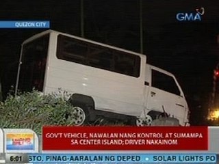 UB: Govt vehicle, nawalan ng kontrol at sumampa sa center island; driver, nakainom