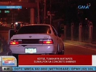 UB: Kotse, tumihaya matapos sumalpok sa concrete barrier sa QC