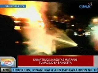 UB: Dump truck sa Valenzuela City, nagliyab matapos tumagilid sa bangketa