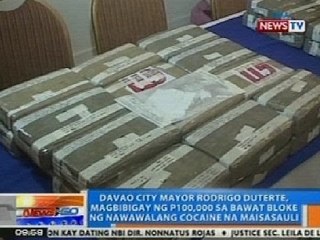 NTG: Duterte, magbibigay ng P100K sa bawat bloke ng nawawalang cocaine na maisasauli