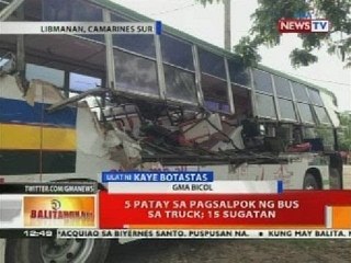 BT: 5 patay sa pagsalpok ng bus sa truck; 15 sugatan