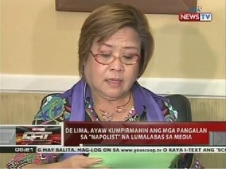 De Lima, ayaw kumpirmahin ang mga pangalan sa 'Napolist' na lumalabas sa media