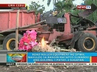 Road roller equipment ng DPWH, nahulog sa bangin matapos sumabog ang gulong; 1 patay, 2 sugatan
