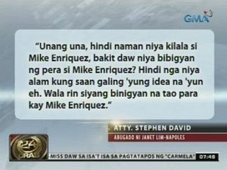 Kampo ni Napoles, sinabing wala siyang pinabibigay na regalo o pera para Mike Enriquez