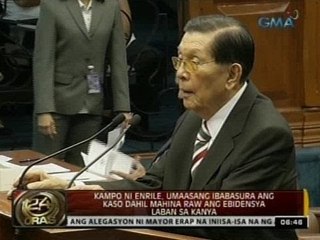 Kampo ni Sen. Enrile, umaasang ibabasura ang kaso dahil mahina raw ang ebidensya laban sa kanya