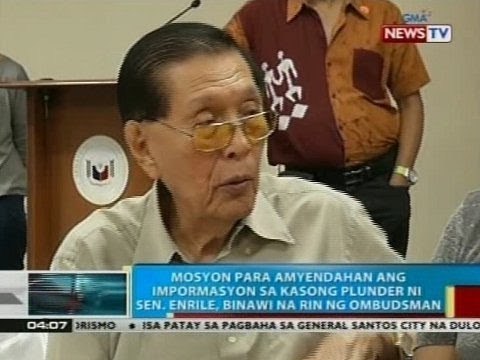 Mosyon para amyendahan ang impormasyon sa kasong plunder ni Sen. Enrile, binawi na rin ng Ombudsman