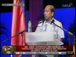 24 Oras: Sec. Abad, suportado ang hakbang ni PNoy na iapela ang desisyon  ng Korte Suprema sa DAP