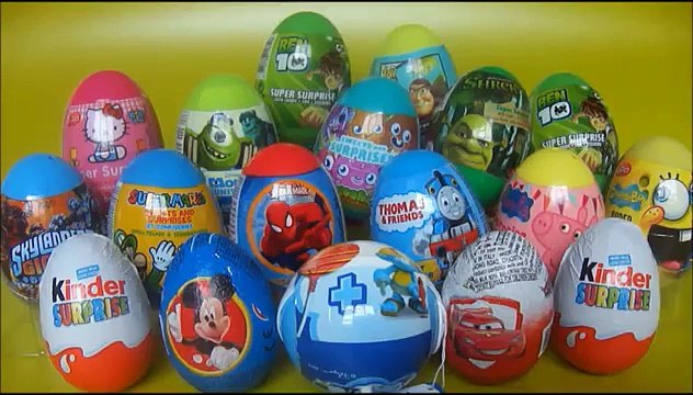 18 Surprise eggs Mickey Mouse Smurfs Hello Kitty Cars 2 Shrek disney egg