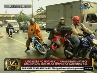 Ilang rider ng motorsiklo, naaksidente matapos baguhin ang sistema sa trapiko sa Katipunan Ave.