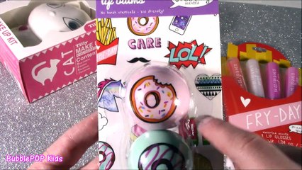 Kitty MAKEUP SET! Cutting OPEN Squishy Mystery Capsule! French Fry & Donut LIP GLOSS! FUN