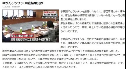 頸がんワクチン　調査結果公表　2016年12月26日
