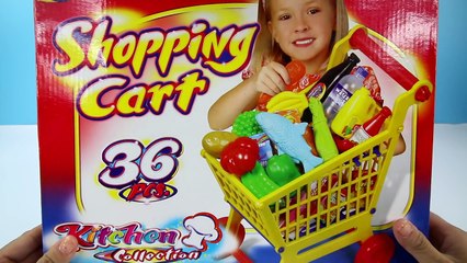 GROCERY SHOPPING CART Play Set - Supermarket Pretend Play Food Milk Fruits Fish