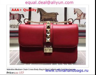 Valentino Medium Chain Cross Body Bag in Red Leather with Gold Hardwares Replica