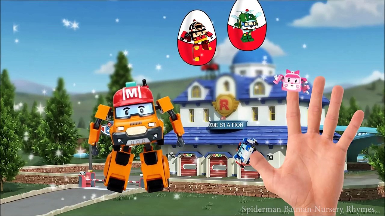 Robocar Poli Finger Family Song Surprise Eggs - Helly Amber Roy Poli Nursery Rhymes Cartoon for Kids