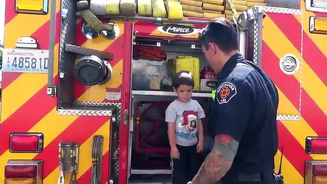 Red Fire Truck Surprises Kids with REAL FireFighter - Fire Truck Learning Videos for Children