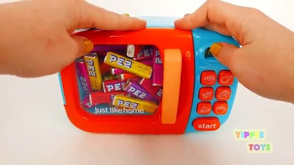 Microwave Candy Surprise Toys!! Learn Colors with PEZ Candy Dispensers