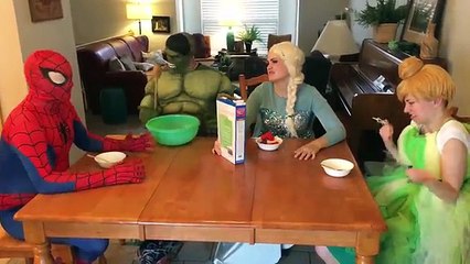 Maleficent Cereal Prank vs Spiderman, Hulk, Elsa & Tinkerbell Fun Superhero Kids In Real Life In 4K