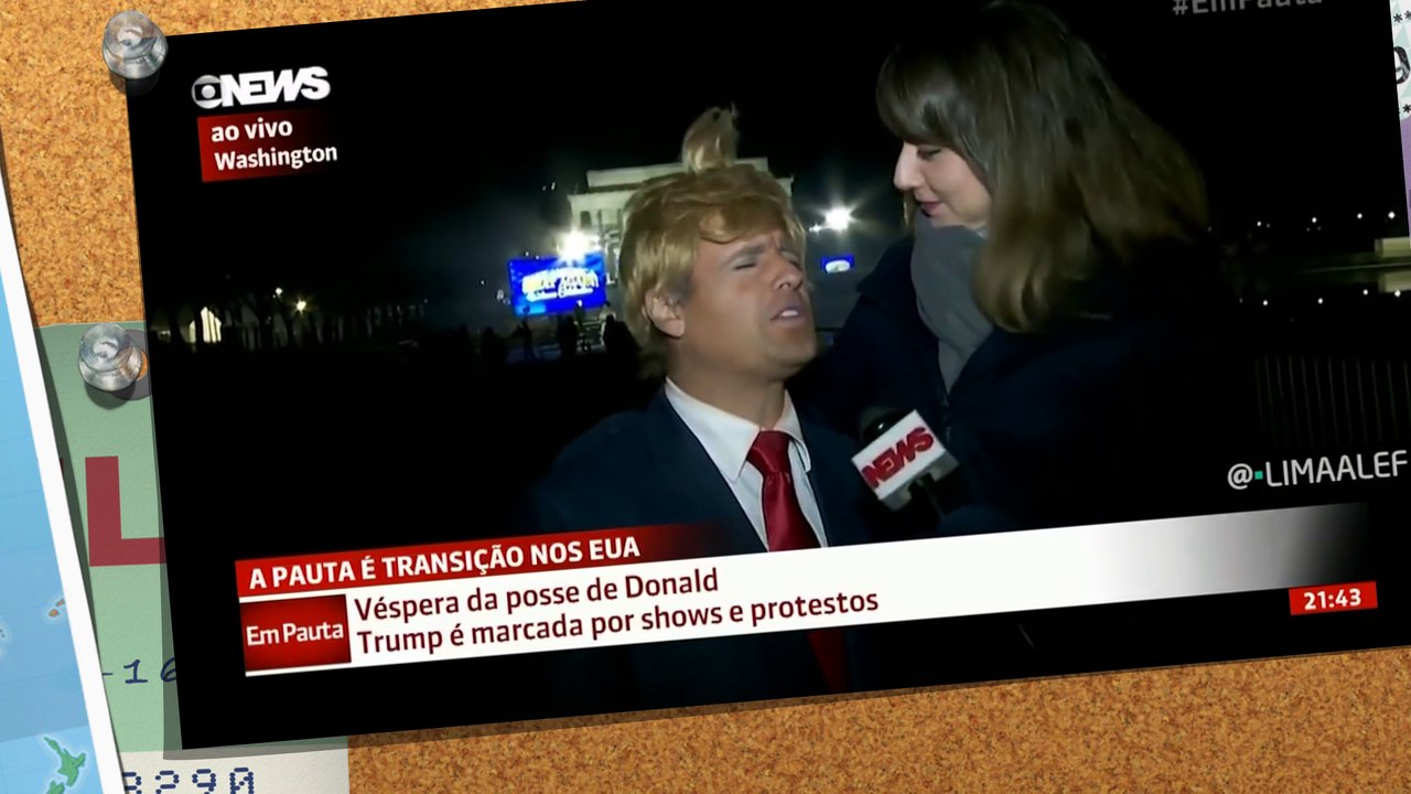 Vesgo Trump! Repórter da Globo News confunde Vesgo do Pânico com americano durante cobertura da posse de Donald Trump. Washington DC.