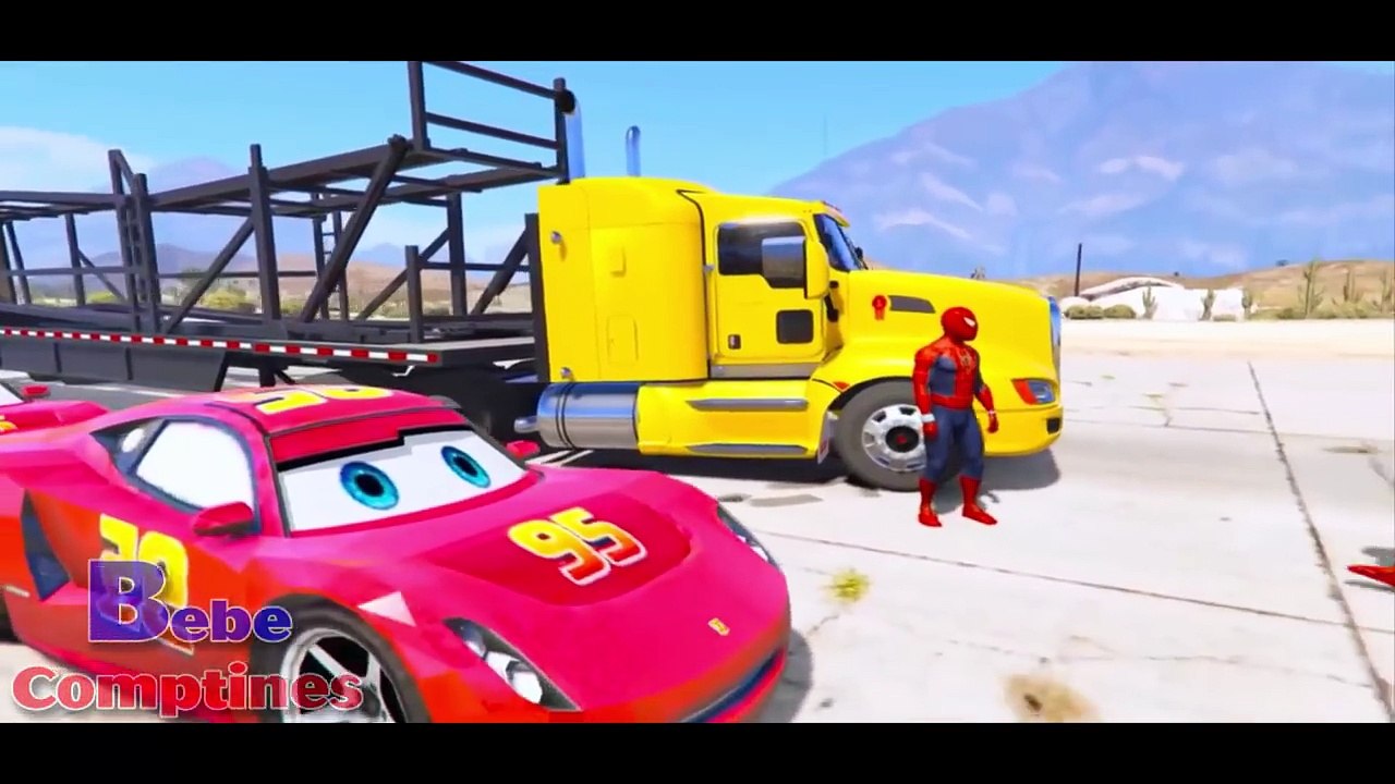 Comptines pour bébé - transport, voitures colorées et Spiderman Mcqueen. Dessin animé francais