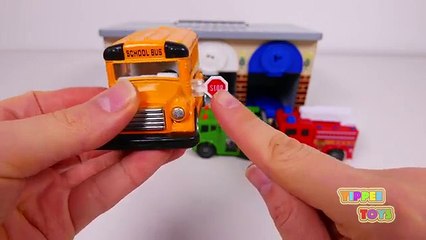 Garage Playset with Fire Truck School Bus and Garbage Truck Toy Vehicles