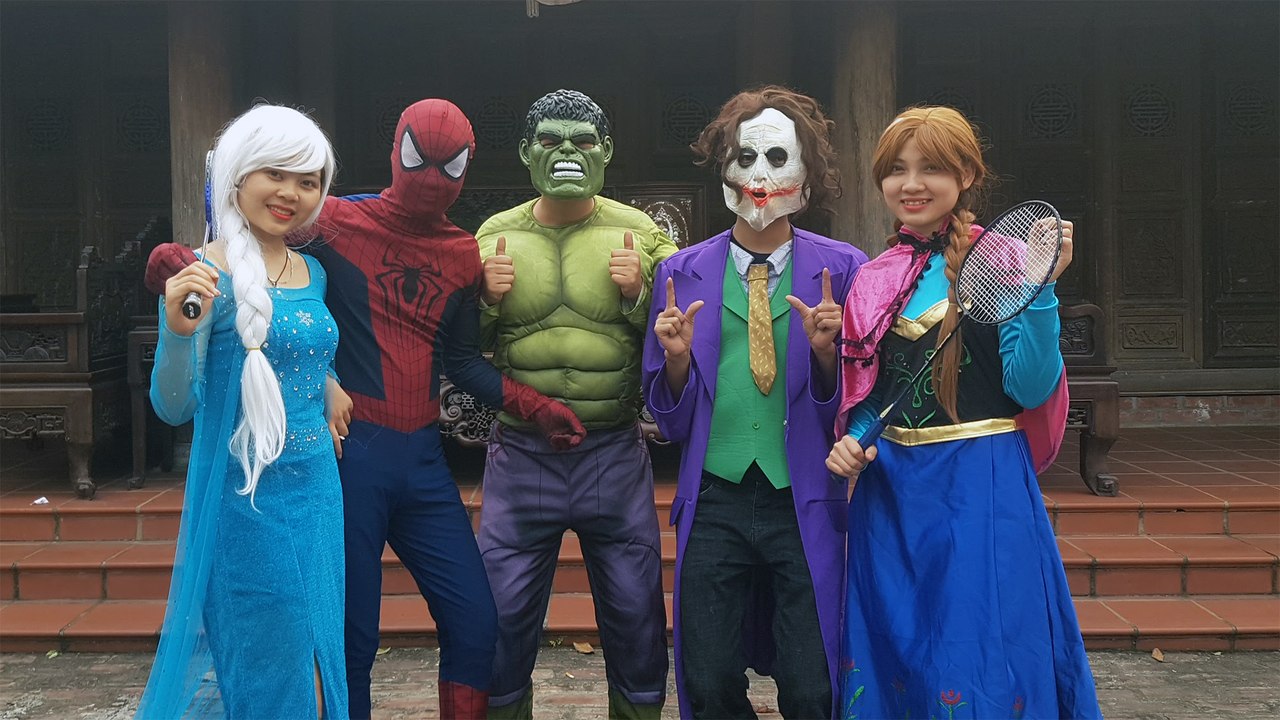 Spiderman Frozen Elsa vs Anna PLAY BADMINTON! Joker vs Hulk steal badminton racket failed