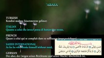 Abasa (Abese Suresi) reading SAHIH INTERNATIONAL, FRENCH, TURKISH, GERMAN, ITALIAN meaning