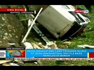 Truck, nahagip ang ilang pasahero ng bus at isang nakahintong tricycle bago nahulog sa bangin
