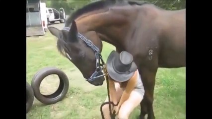 The young girl with the horse doesn't give up anymore