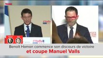 Benoît Hamon commence son discours de victoire et coupe Manuel Valls