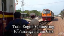 Train Engine Connecting to Passenger Train Cars in Hua Hin Railway Station