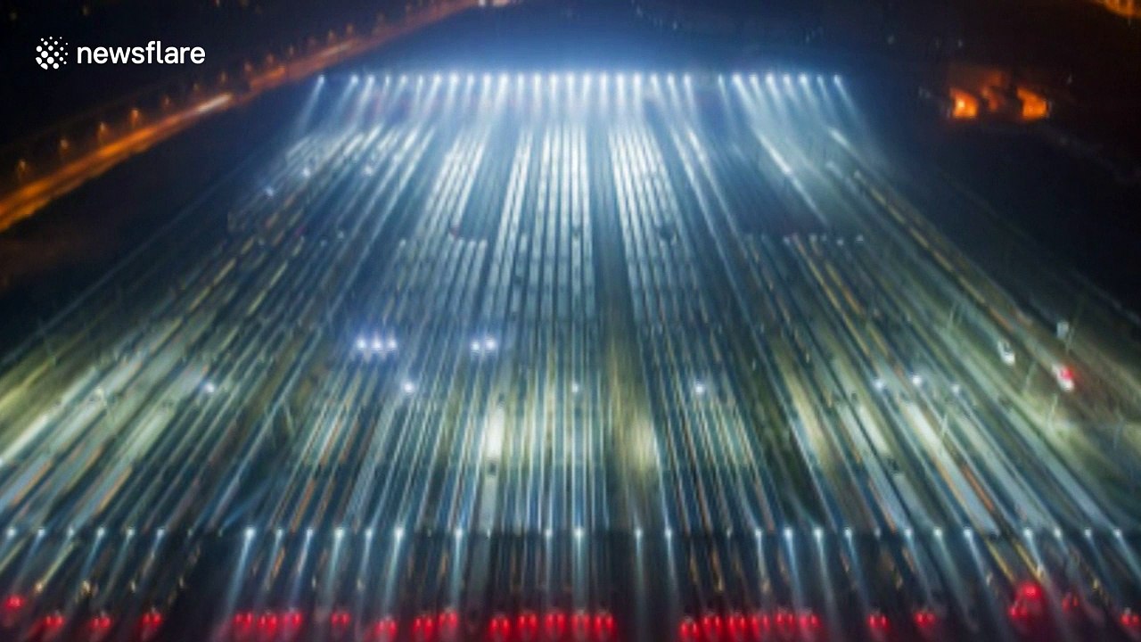 Aerial footage of hundreds of trains parked up for maintenance