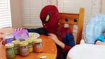 Spiderman Feeds WORLDS CUTEST Baby Eli~ Baby Food Challenge Spiderman Babysitting