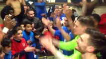 Ambiance dans les vestiaires du Bergerac Périgord FC, après sa victoire contre le RC Lens (Vidéo Adrien Larelle)