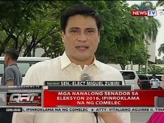 Sen.-elect Miguel Zubiri, mga nanalong senador sa eleksyon 2016, ipinroklama na ng Comelec