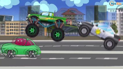 Arabalar cizgi filmleri. Monster Truck - Polis arabası. Akıllı arabalar. Çocuklar için arabalar