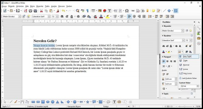 17 Ders - LİbreOffice Write Kelime içinde harf mesafesini ayarlama