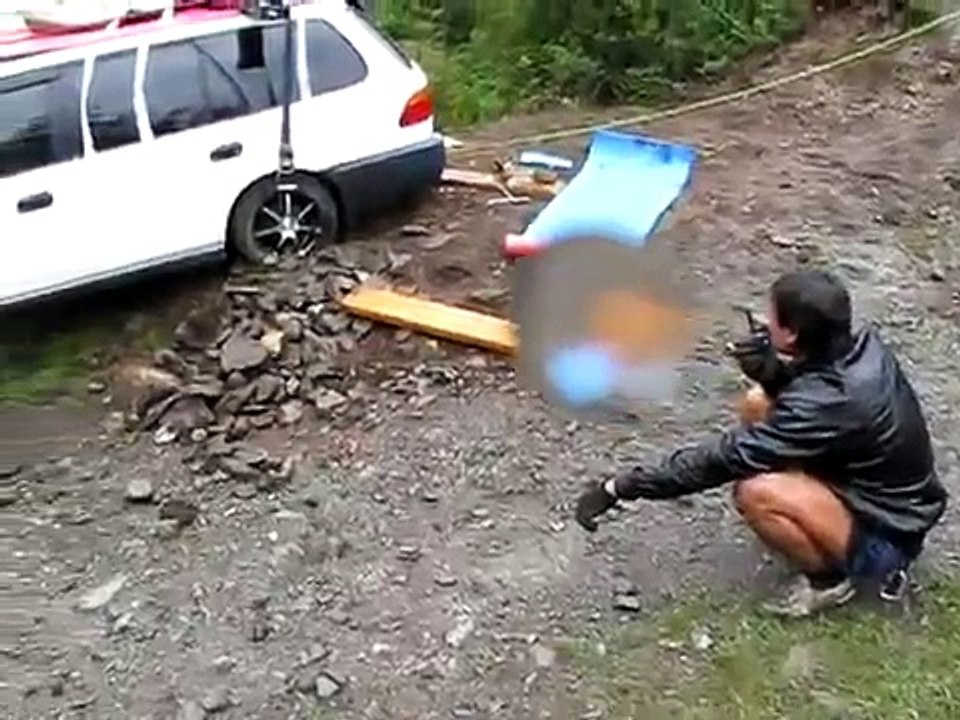 Car Crosses River on Zip Line