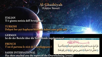 Al-Ghashiyah (سُورَةُ الْغَاشِيَةِ) lettura inglese, tedesco, francese, italiano e turco significato