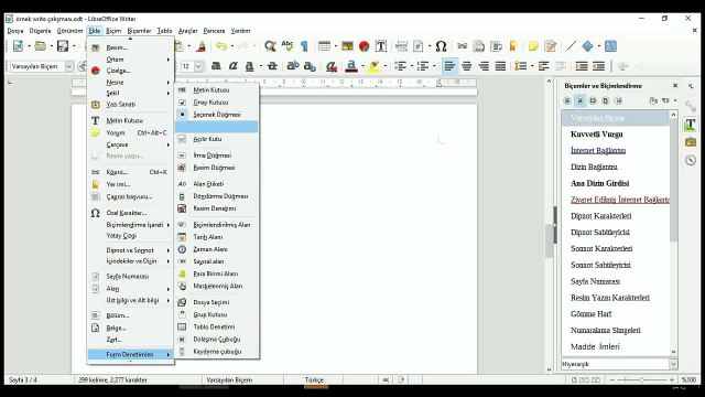 44 Ders - LibreOffice Write örnek çalışma metin denetimleri form elamanları 3