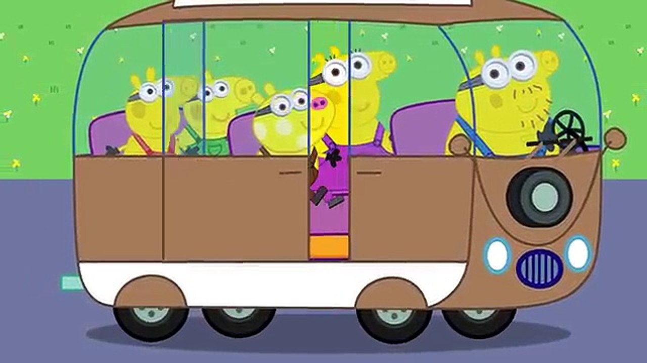 Pigs in Minions Banana Costumes Wheels on the Bus go round and round. Kindergarten Nursery Rhymes So