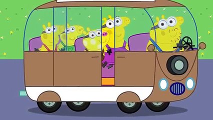 Pigs in Minions Banana Costumes Wheels on the Bus go round and round. Kindergarten Nursery Rhymes So