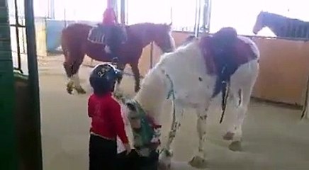 La technique d'un enfant pour monter à cheval