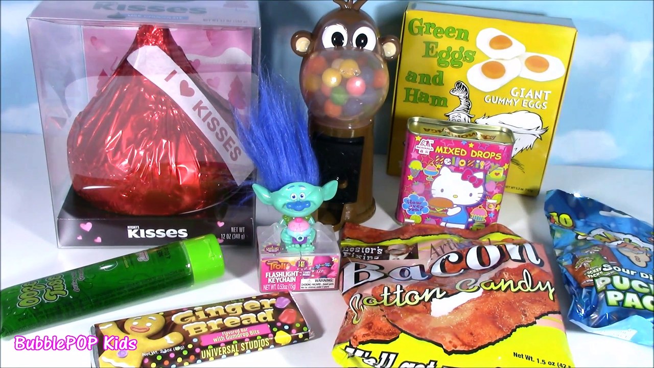CANDY BONANZA! Monkey GUMBALL Machine! Green Candy SLIME! Bacon Cotton Candy! Giant Candy Kiss!
