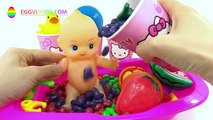 Learn Colors & Fruits in English Baby Doll Bath Balls Skittles Candy Hello Kitty Pretend Play