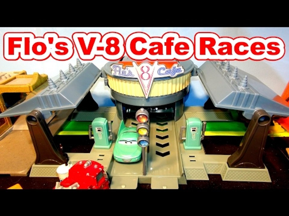Lightning McQueen Races in the NEW Flo's V 8 Cafe Race Track with Mario Andretti