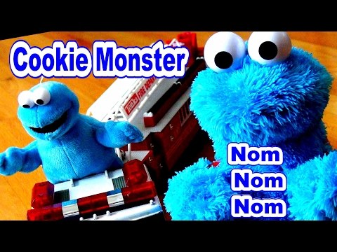Cookie Monster Count and Crunch and Plush Cookie Monster Ride The BIG Fire Truck and Eat Cookies