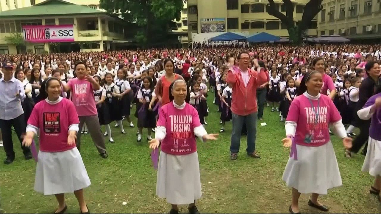 Nuns and schoolgirls dance in protest of violence to women