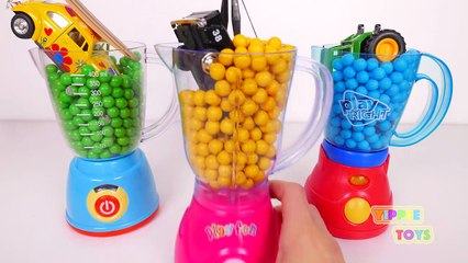 Blenders Filled with Candy and Toy Vehicles for Kids!! Learn Colors with Tow Truck Tractor