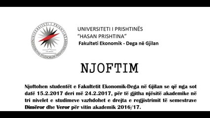 Njoftim- Shtyhet afati per pagese te semestrit deri me 24.02.2017